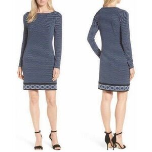 Michael Kors Long Sleeve Alston Boatneck Border Shift Dress Blue/Black